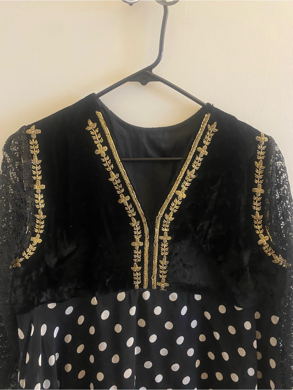 Black and Gold Embroidered Polka Dot Dress